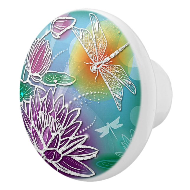 Elegant Pretty Dragonfly Modern Summer Floral Art Ceramic Knob (Right)