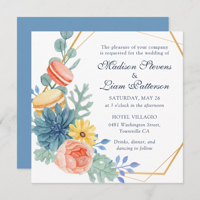 Elegant Pretty Floral Succulent Macaron Wedding Invitation (Front/Back)