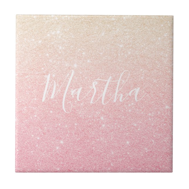 Elegant pretty girly gradient rose gold glitter ceramic tile (Front)