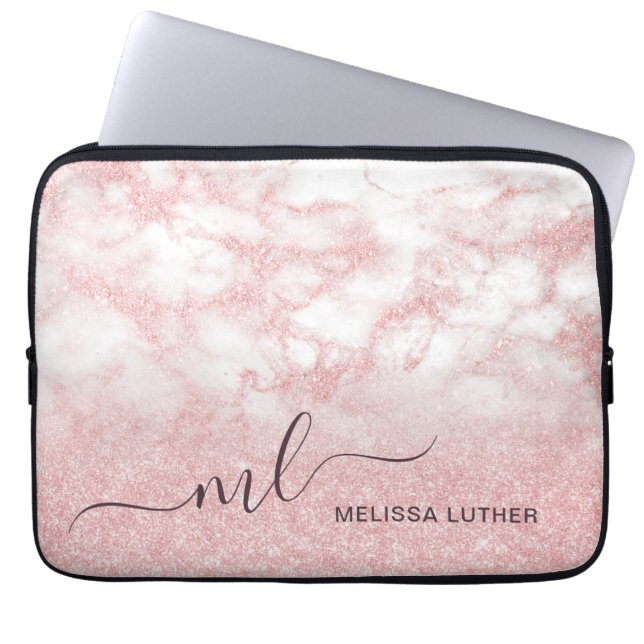 Elegant pretty gradient rose gold glitter marble laptop sleeve (Front)