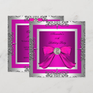 Elegant Pretty Hot Pink Silver Birthday Party Invitation