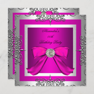 Elegant Pretty Hot Pink Silver Birthday Party Invitation