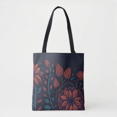 Elegant Pretty Modern Red and Blue Dark Floral Art Tote Bag