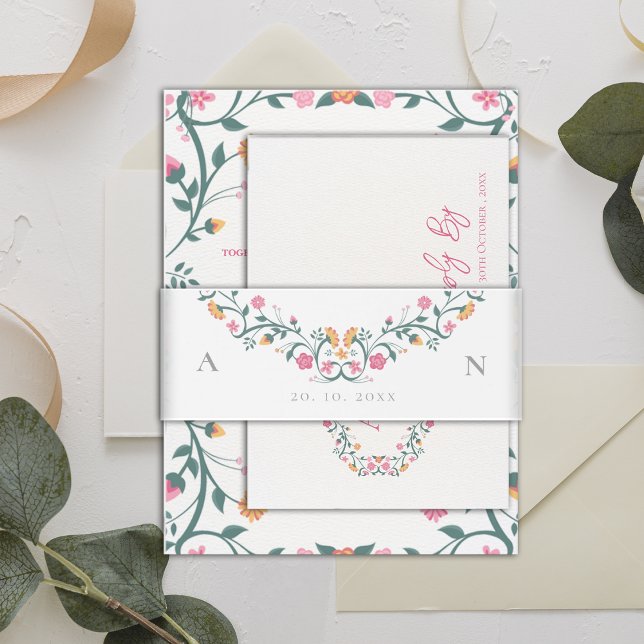 Elegant Pretty Monogram Initials Floral Wedding Invitation Belly Band (Elegant Pretty Monogram Initials Floral Wedding Invitation Belly Band)