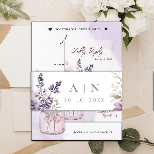 Elegant Pretty Monogram Purple Floral Wedding Invitation Belly Band (Elegant Pretty Monogram Purple Floral Wedding Invitation Belly Band)