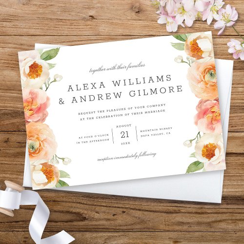 Elegant  Pretty Peach Floral Watercolor Wedding   Invitation