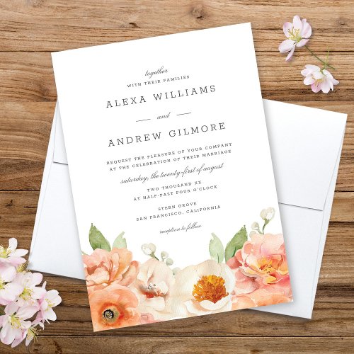 Elegant  Pretty Peach Floral Watercolor Wedding Invitation