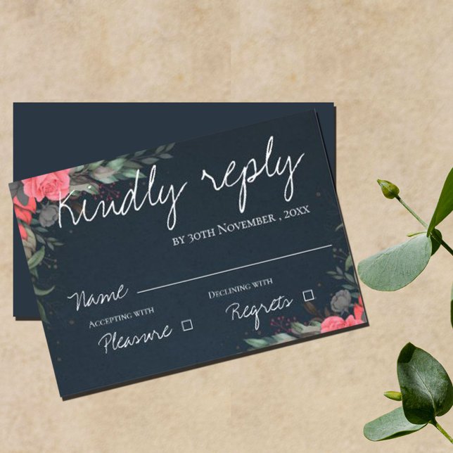 Elegant Pretty Peach Gray Floral Script Wedding RSVP Card (Creator Uploaded)