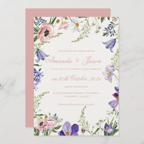Elegant Pretty Peach Purple Blue Floral Wedding Invitation