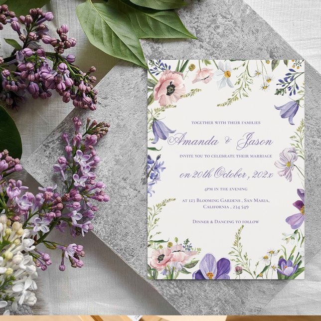 Elegant Pretty Peach Purple Blue Floral Wedding Invitation (Elegant Pretty Peach Purple Blue Floral Wedding Invitation)