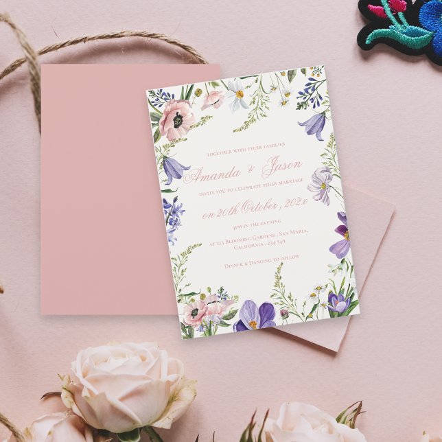 Elegant Pretty Peach Purple Blue Floral Wedding Invitation (Elegant Pretty Peach Purple Blue Floral Wedding Invitation)