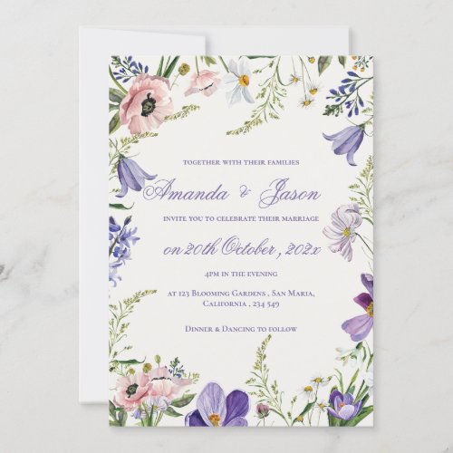 Elegant Pretty Peach Purple Blue Floral Wedding Invitation