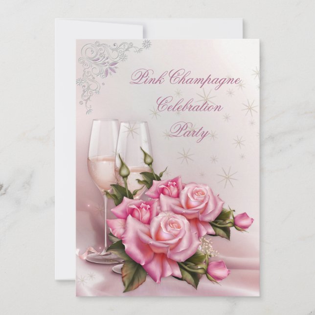 Elegant Pretty Pink Champagne Roses Birthday Party Invitation (Front)