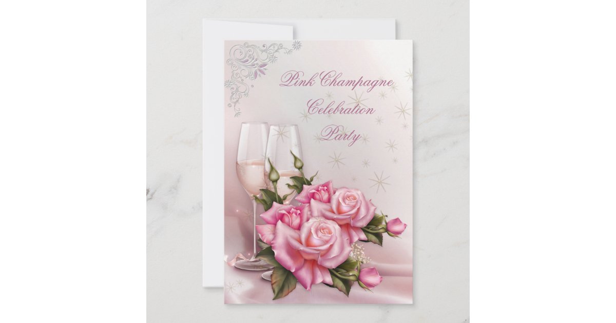 Elegant Pretty Pink Champagne Roses Birthday Party Invitation | Zazzle