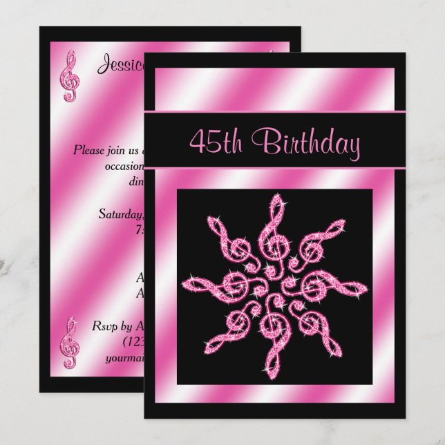 Elegant, Pretty Pink Circle Of Music 45th Birthday Invitation (Front/Back)