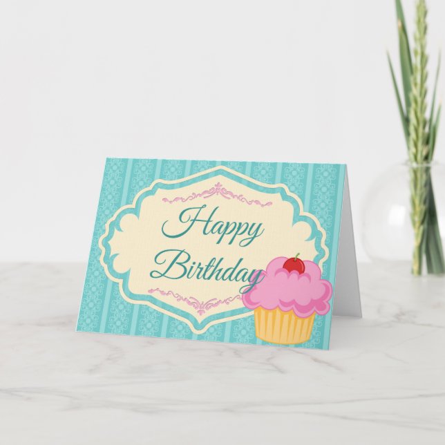 Elegant Pretty Pink Cupcake Happy Birthday Card (Front)