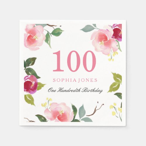 Elegant Pretty Pink Floral 100th Birthday Party Paper Napkins