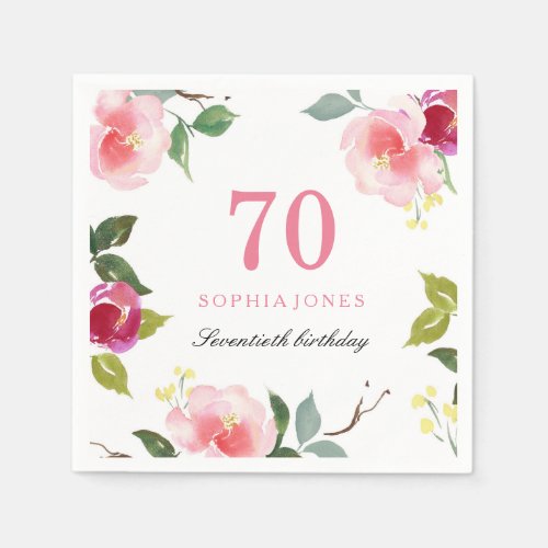 Elegant Pretty Pink Floral 70th Birthday Party Paper Napkins
