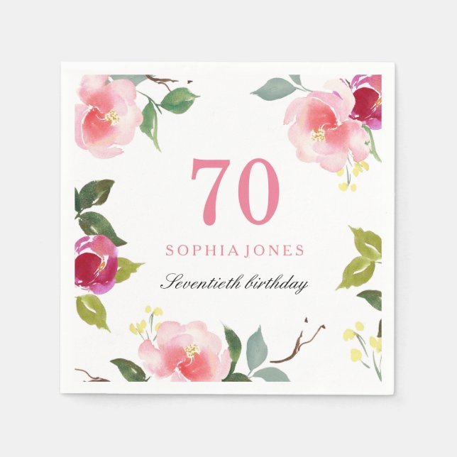 Elegant Pretty Pink Floral 70th Birthday Party Paper Napkins (Front)