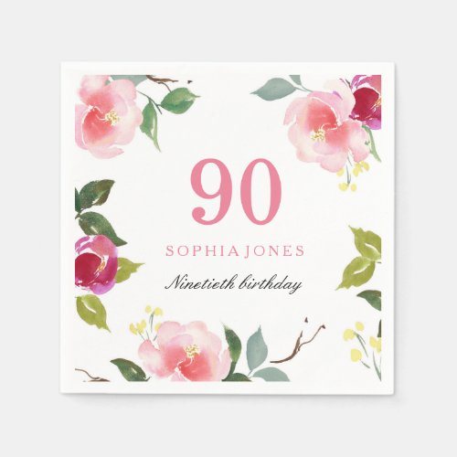 Elegant Pretty Pink Floral 90th Birthday Party Napkins