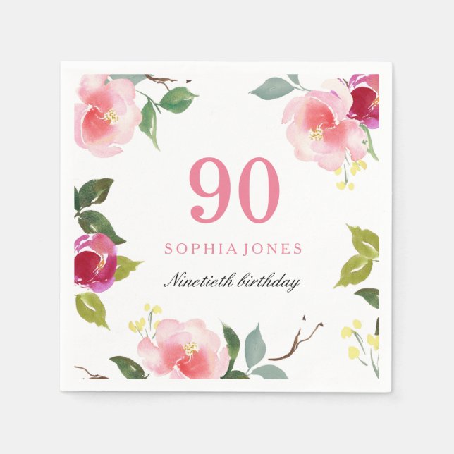 Elegant Pretty Pink Floral 90th Birthday Party Napkins (Front)