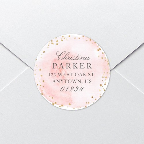 Elegant Pretty Pink Gold Glitter Return Address Classic Round Sticker