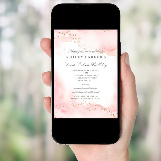 Elegant Pretty Pink Gold Glitter Sweet 16 Birthday Invitation (Front Digital)