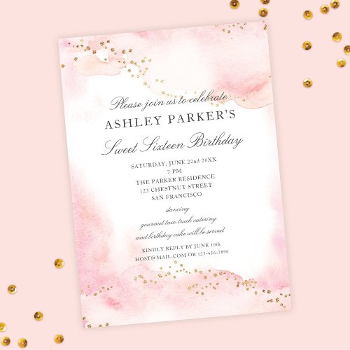 Elegant Pretty Pink Gold Glitter Sweet 16 Birthday Invitation