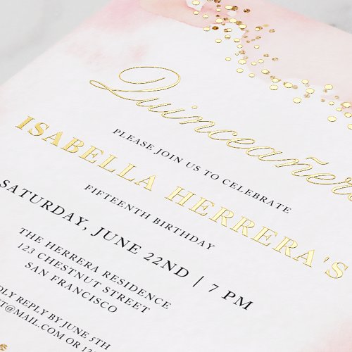 Elegant Pretty Pink Gold Quinceaera Birthday Foil Invitation