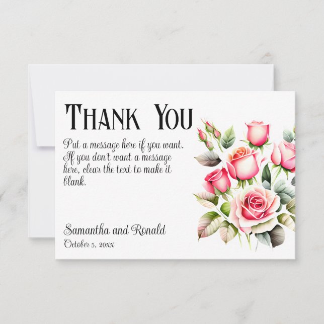 Elegant Pretty Pink Roses Wedding Thank You Card (Front)