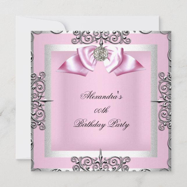 Elegant Pretty Pink Silver Birthday Party Invitation (Front)