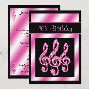 Elegant, Pretty Pink Treble Clefs 40th Birthday Invitation