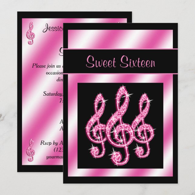 Elegant, Pretty Pink Treble Clefs Sweet 16 Invitation (Front/Back)
