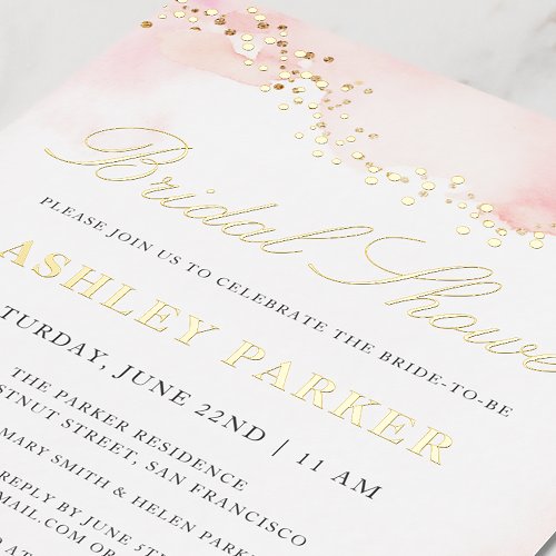 Elegant Pretty Pink Watercolor Bridal Shower Gold Foil Invitation
