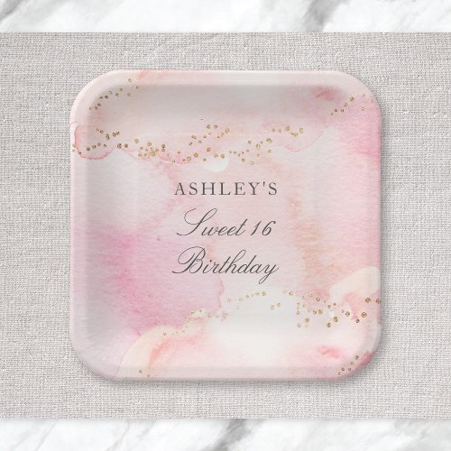 Elegant Pretty Pink Watercolor Gold Glitter Party Paper Plates