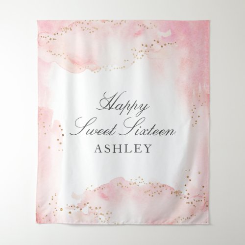 Elegant Pretty Pink Watercolor Gold Sweet 16 Party Tapestry
