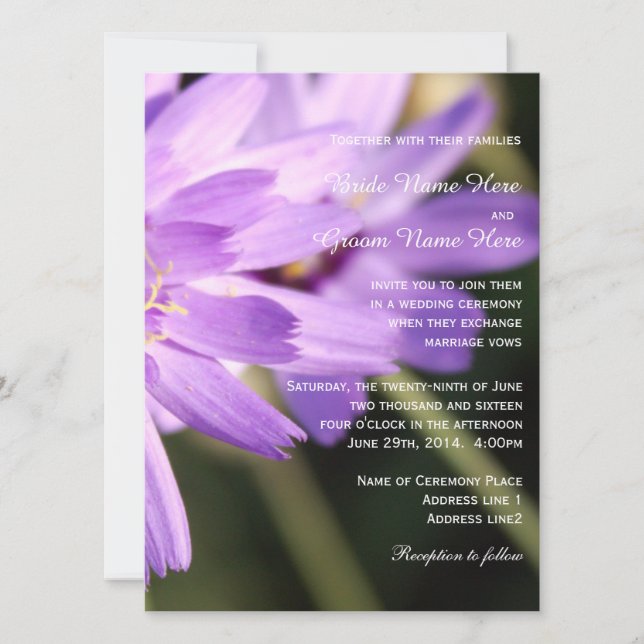 Elegant, pretty purple daisy flower summer wedding invitation (Front)