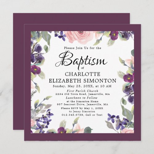 Elegant Pretty Purple Pink Floral Square Baptism I Invitation
