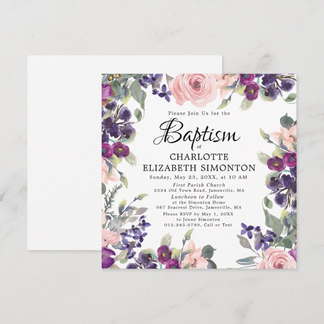 Elegant Pretty Purple Pink Floral Square Baptism Invitation (Front/Back)