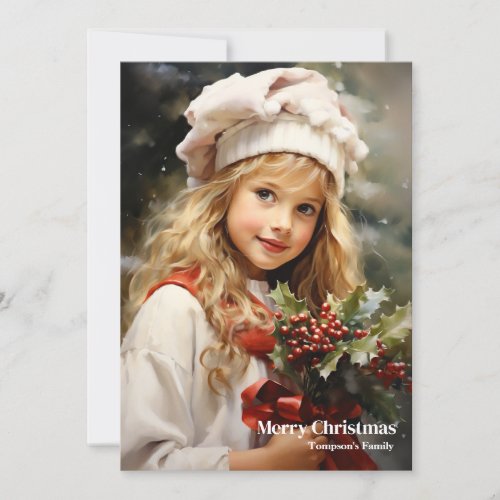 Elegant pretty retro little girl holly berry holiday card
