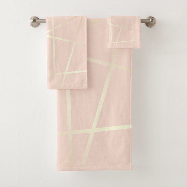 Elegant pretty rose gold & blush pink geometric bath towel set (Insitu)