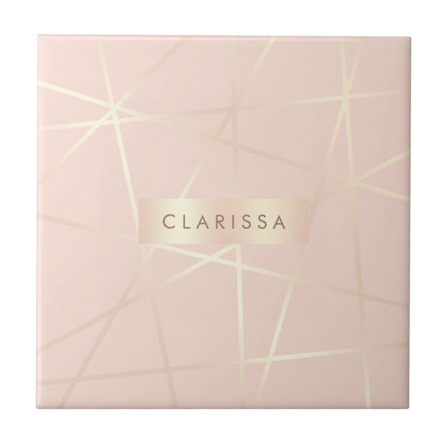 Elegant pretty rose gold & blush pink geometric ceramic tile (Front)