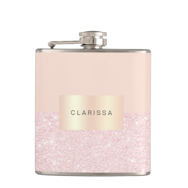 Elegant pretty rose gold glitter & blush pink flask (Front)