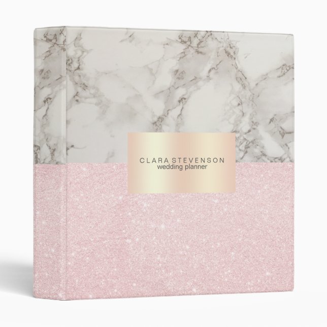 Elegant pretty rose gold glitter & white marble 3 ring binder (Front/Spine)