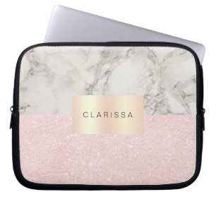 Elegant pretty rose gold glitter & white marble laptop sleeve