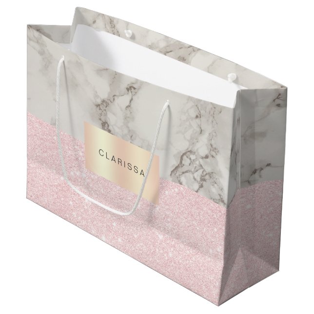 Elegant pretty rose gold glitter & white marble large gift bag (Front Angled)