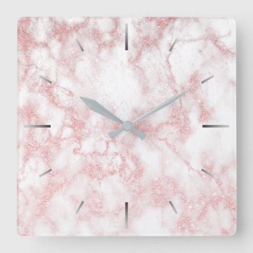 Elegant pretty rose gold glitter white marble square wall clock