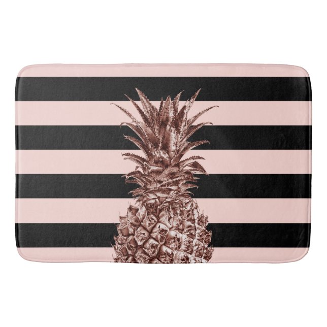 Elegant pretty rose gold pineapple & pink stripe bath mat (Front)