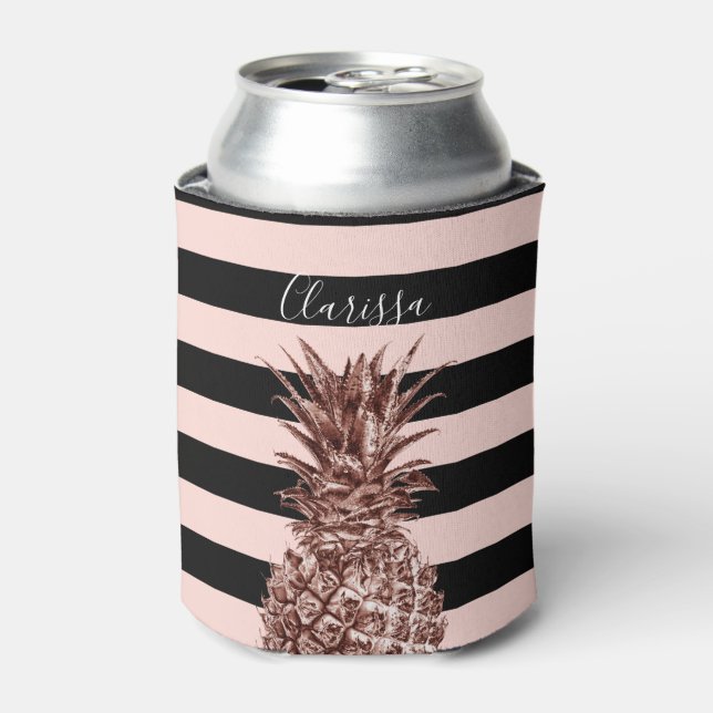 Elegant pretty rose gold pineapple & pink stripe can cooler (Can Front)