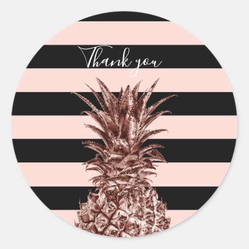 Elegant pretty rose gold pineapple  pink stripe classic round sticker